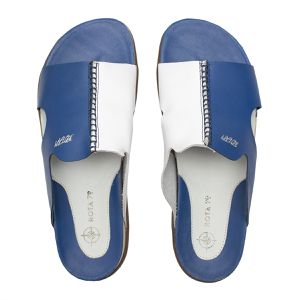  Sandalia Slide de Couro Bicolor Papete Confort Free Rota79 cor Azul /Branco