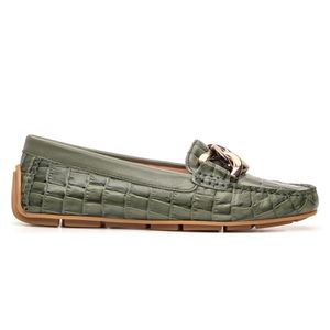 Mocassim Feminino Florença Em Couro Croco Verde Ol... - SAVELLI CALÇADOS