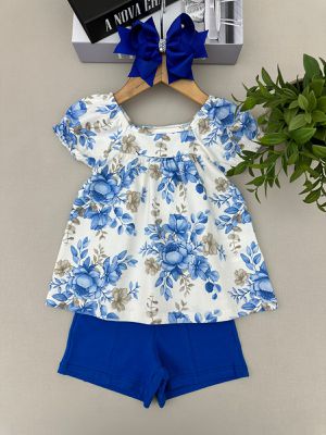 Conjunto Manga Curta Menina Floral Azul ... - A Japonesa Franca Oficial