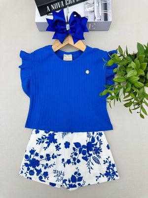 Conjunto Manga Curta Menina Flores Azul ... - A Japonesa Franca Oficial