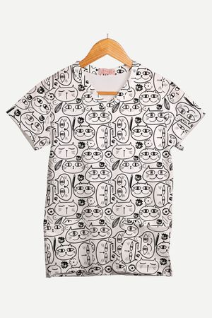 Blusa Estampada Rabiscos Felinos em Malha Confort - Use Anny