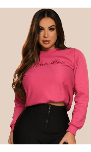 Blusa de Moletom Feminino Bordado Pink | La Vien R... - Poliana Finzetto