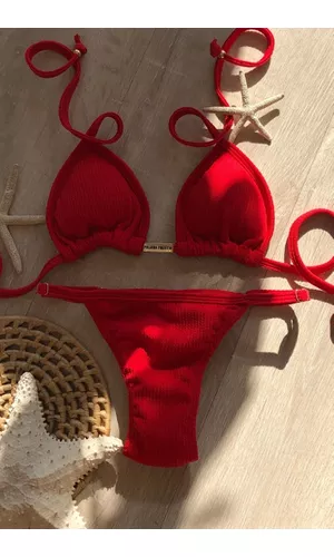 Biquíni Cortininha Marquinha de Fita Vermelho Text... - Poliana Finzetto
