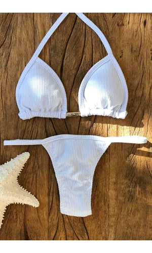 Biquíni Cortininha Marquinha de Fita Branco Off Ca... - Poliana Finzetto