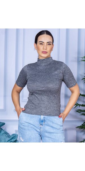 Camiseta Gola Alta Manga Curta Canelada Cinza - Moda LLevo | Moda Fitness