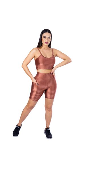 Conjunto Shorts 3D com Bolso + Top Alça Bronze - Moda LLevo | Moda Fitness