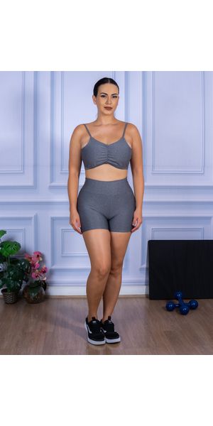 Conjunto Shorts e Top Alça Costa Aberta Suplex Cinza Mescla - Moda LLevo | Moda Fitness