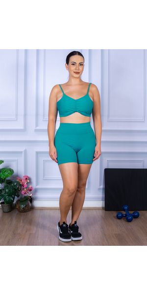 Conjunto Shorts e Top Alça Costa Aberta Suplex Verde Piscina - Moda LLevo | Moda Fitness