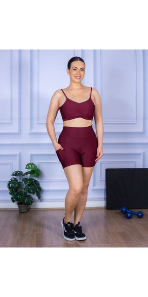 Conjunto Shorts com Bolso e Top Alça Costa Aberta Suplex Bordo - Moda LLevo | Moda Fitness