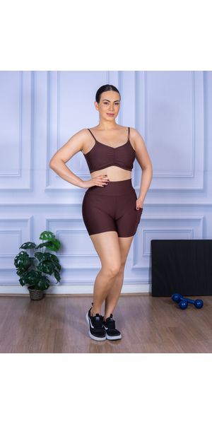 Conjunto Shorts com Bolso e Top Alça Costa Aberta Suplex Marrom - Moda LLevo | Moda Fitness