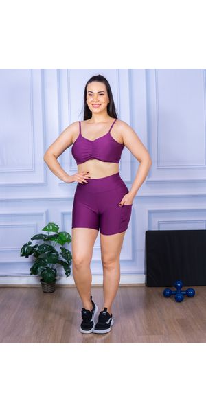 Conjunto Shorts com Bolso e Top Alça Costa Aberta Suplex Roxo - Moda LLevo | Moda Fitness
