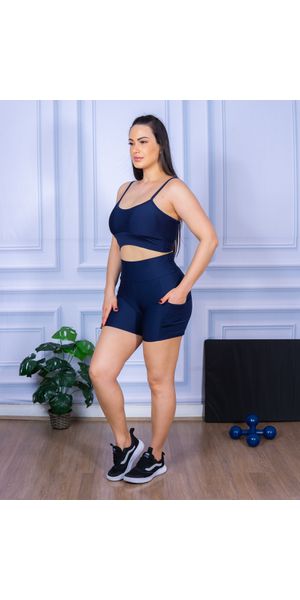 Conjunto Shorts com Bolso e Top Alça Suplex Azul Marinho - Moda LLevo | Moda Fitness