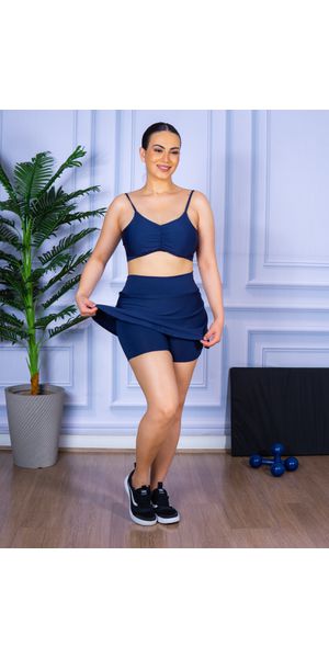 Conjunto Shorts Saia e Top Alça Costa Aberta Suplex Azul Marinho - Moda LLevo | Moda Fitness