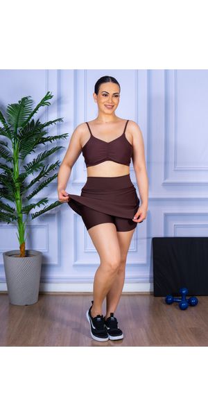 Conjunto Shorts Saia e Top Alça Costa Aberta Suplex Marrom - Moda LLevo | Moda Fitness