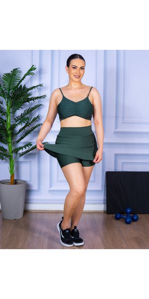 Conjunto Shorts Saia e Top Alça Costa Aberta Suplex Verde Militar - Moda LLevo | Moda Fitness