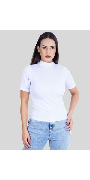 Camiseta Gola Alta Manga Curta Canelada Branco - Moda LLevo | Moda Fitness