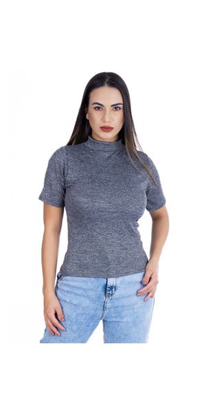 Camiseta Gola Alta Manga Curta Canelada Cinza - Moda LLevo | Moda Fitness