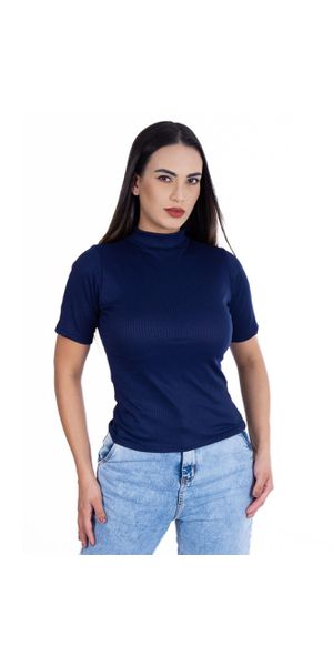 Camiseta Gola Alta Manga Curta Canelada Marinho - Moda LLevo | Moda Fitness