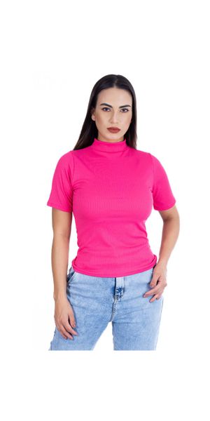 Camiseta Gola Alta Manga Curta Canelada Pink - Moda LLevo | Moda Fitness