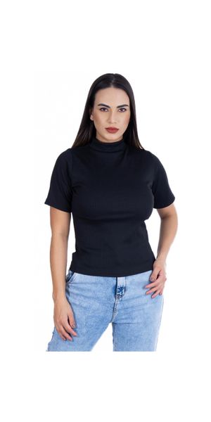 Camiseta Gola Alta Manga Curta Canelada Preto - Moda LLevo | Moda Fitness