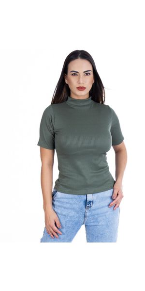 Camiseta Gola Alta Manga Curta Canelada Verde - Moda LLevo | Moda Fitness