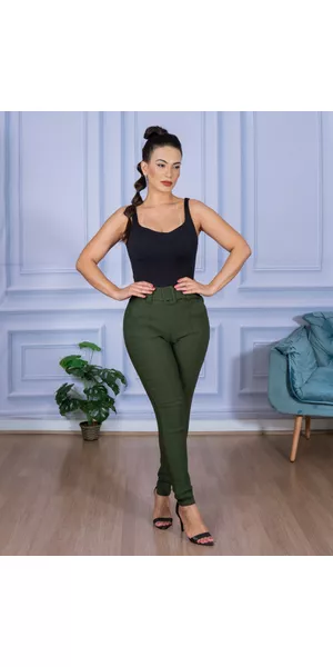 Calça Feminina Skinny Alfaiataria com Cinto Verde Militar - Moda LLevo | Moda Fitness
