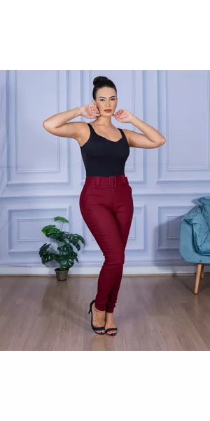 Calça Feminina Skinny Alfaiataria com Cinto Bordô - Moda LLevo | Moda Fitness