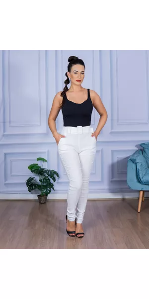 Calça Feminina Skinny Alfaiataria com Cinto Branco - Moda LLevo | Moda Fitness