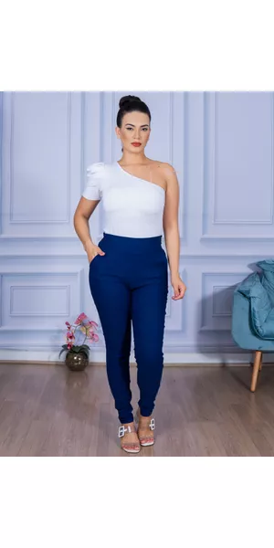 Calça Feminina Skinny Alfaiataria sem Cinto Azul Marinho - Moda LLevo | Moda Fitness