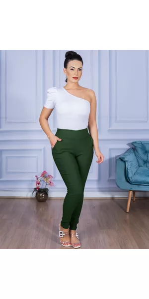 Calça Feminina Skinny Alfaiataria sem Cinto Verde Militar - Moda LLevo | Moda Fitness