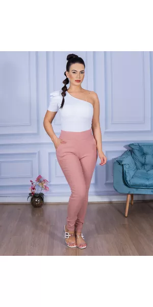 Calça Feminina Skinny Alfaiataria sem Cinto Rosa - Moda LLevo | Moda Fitness