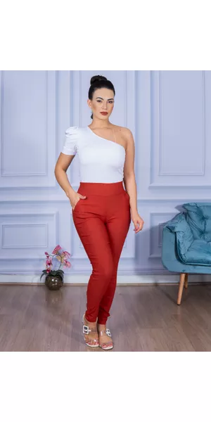 Calça Feminina Skinny Alfaiataria sem Cinto Telha - Moda LLevo | Moda Fitness