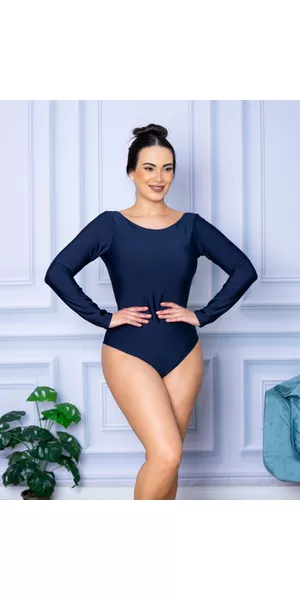 Body Feminino Manga Longa Aberta Azul Marinho - Moda LLevo | Moda Fitness
