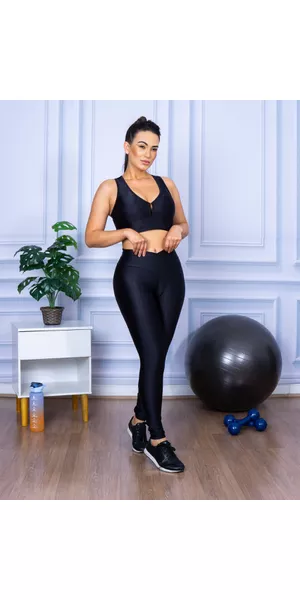 Conjunto Fitness Calça Legging 3D Cós Cruzado + Top Nadador Preto - Moda LLevo | Moda Fitness