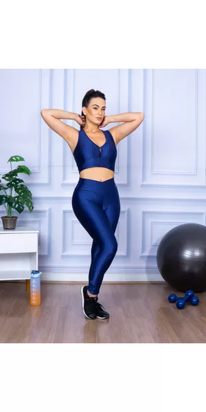 Conjunto Fitness Calça Legging 3D Cós Cruzado + Top Nadador Marinho - Moda LLevo | Moda Fitness