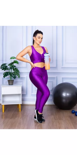 Conjunto Fitness Calça Legging 3D Cós Cruzado + Top Nadador Roxo - Moda LLevo | Moda Fitness