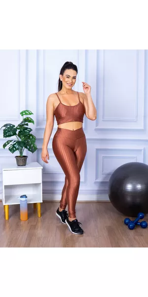 Conjunto de Academia Calça Legging 3D Cós Cruzado + Top Alça Bronze - Moda LLevo | Moda Fitness
