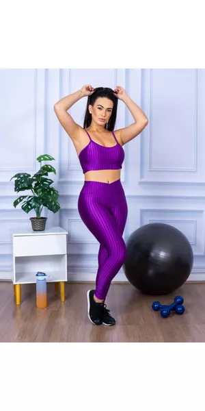 Conjunto de Academia Calça Legging 3D Cós Cruzado + Top Alça Roxo - Moda LLevo | Moda Fitness