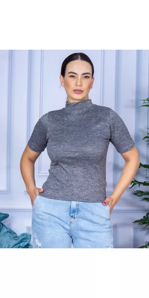 Camiseta Gola Alta Manga Curta Canelada Cinza - Moda LLevo | Moda Fitness