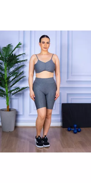 Conjunto Bermuda e Top Alça Costa Aberta Cinza Mescla - Moda LLevo | Moda Fitness