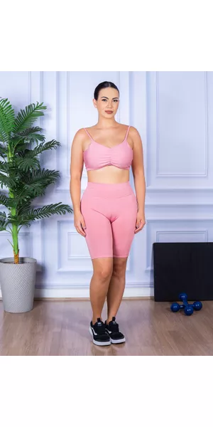 Conjunto Bermuda e Top Alça Costa Aberta Rosa - Moda LLevo | Moda Fitness