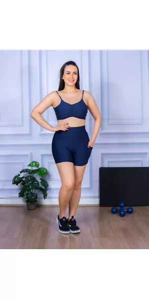 Conjunto Shorts com Bolso e Top Alça Costa Aberta Suplex Azul Marinho - Moda LLevo | Moda Fitness