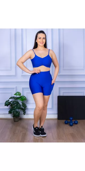 Conjunto Shorts com Bolso e Top Alça Costa Aberta Suplex Azul Royal - Moda LLevo | Moda Fitness