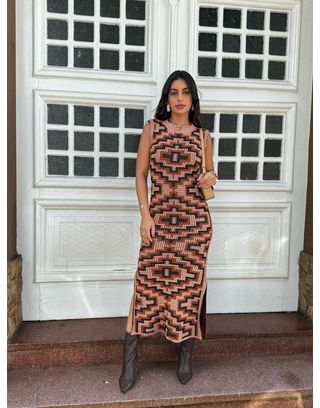 Vestido Tricô Romana Caramelo E Bege - MHA VIANA STORE