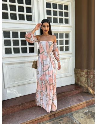 Vestido Petunia Salmão Com Verde Musgo - MHA VIANA STORE
