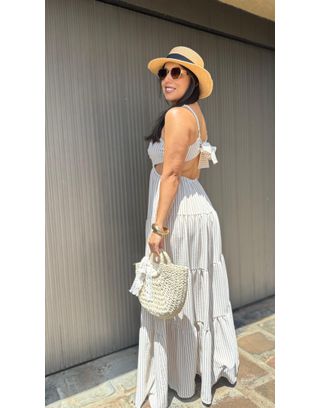Vestido Grécia Listrado Bege - MHA VIANA STORE