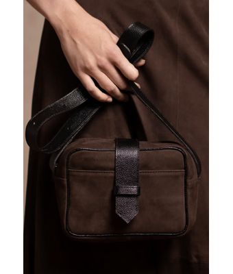 Bolsa John Couro Velour Café/Floater Preto - MANTOAN LOJA