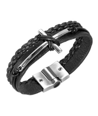 Pulseira Cruz Simples Couro Trançado Preto MP414 - MANTOAN LOJA