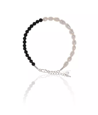Pulseira Pérola Água Doce/Ônix Negra Prata 92... - MANTOAN LOJA