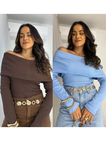 Compre o kit Blusa Ombro a Ombro Café + Azul Bourn...